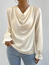 abordables Hauts habillés-Femmes Chemise Chemise en satin Uni Élégant Occasionnel manche longue Col Bénitier Hauts Réguliers Quotidien Sortir Drapé Noir Rose Claire Vert Abricot Printemps Automne