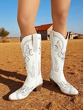 levne Cowboy &amp; Western Boots-Dámské vyšívané kovbojské kozačky do poloviny lýtek s blokovým podpatkem, boty ve westernovém stylu na večírky a festivaly