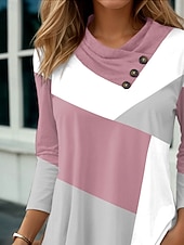 billige Stripe og geometrisk t-skjorte-Dame Tunika Grafisk Geometrisk Geometri Stilfull Fritid Langermet Cowl-hals V-hals Vanlige topper Daglig Knapper Trykt mønster Rosa Himmelblå Kakifarget Vår Høst Vinter