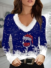 abordables Camiseta estacional-Navidad Mujer Camiseta Graphic Copo Copa de vino Casual Manga Larga Escote en Pico Tops regulares Diario Retazos Estampado Negro Vino Azul Piscina Verde Trébol Otoño Invierno