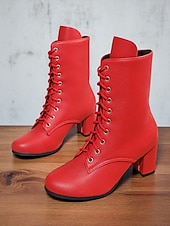baratos Botas de tornozelo-Botas femininas de couro sintético com cadarço e salto grosso, estilo vintage, perfeitas para looks casuais e retrô.