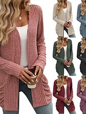billiga casual jackor-Dam Vinterkappa Bekväm Andningsfunktion Ficka Öppen front Elegant Ledigt Slät Semester Gata Ledigt Dagliga kläder Öppen front Normal Kraglös Normal Långärmad Ytterkläder Rodnande Rosa Rubinrött Blå