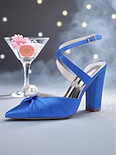cheap Cocktail-Women&#039;s Blue Satin Block Heel Pumps with Pearl Detail and Ankle Strap - Elegant Pointed Toe Shoes for Formal Occasions and Cocktail Parties