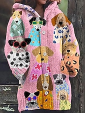 preiswerte Strickjacken und Oberbekleidung-Damen Strickjacke Täglich Lässig Grafik Tiermotiv Gerippt Mit Kapuze Tasche Knöpfe Druck Langarm Normale Oberteile Stricken Outdoor Wochenende Rosa Herbst Winter