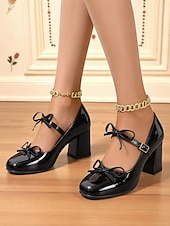 billige 1950-talls retro-Damesko med burgunderfargede Mary Jane-hæler i lakkskinn – vintage pensko fra 50-tallet med blokkhæl og spenne for jenter, cosplay og festantrekk