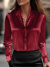  Per donna Camicia Elegant Top in raso A calotta di seta Bottoni Tinta unica Elegante Essenziale Casual Manica Lunga Colletto a Camicia Top Regolari Quotidiano Ferie Blu Argento Nero Bianco Champagne