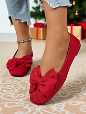 billige Flate sko til kvinner-Røde, flate damesko med sløyfe – elegante ballerinasko med slip-on-effekt til julebord, bryllup og hverdagsbruk