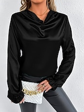 Недорогие Нарядные блузки-Жен. Рубашка Elegant Нарядный Атласный верх Драпировка Сплошной цвет Стиль На каждый день Длинный рукав Вырез-хомут Обычные топы Повседневные На выход Черный Розовый Зеленый Абрикосовый Весна Осень