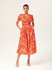 baratos vestido casual estampado-Feminino Vestido casual Vestido midi Preto Azul Laranja Manga Curta Abstrato Verão Primavera Decote V Elegante Férias XS S M