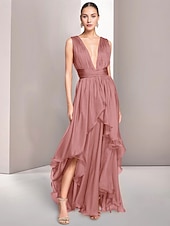 ieftine Formal / Cravată neagră-Rochii de nuntă pe plajă A-Line Rochie elegantă Formală de vară Asimetrică Fără Mâneci Decolteu în V Chiffon cu detalii într-o parte