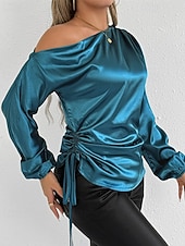  Mulheres Camisa Social Elegant Elegante Top de cetim Assimétrico Côr Sólida Elegante à moda Básico Manga Longa Ombro a Ombro ombro frio Tops regulares Diário Para Noite Azul Primavera Outono