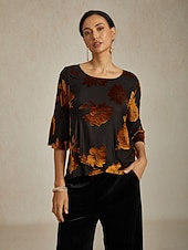 economico Top eleganti-camicetta da donna elegante top in velluto floreale elegante casual girocollo top normali da invitata a nozze quotidiano marrone autunno inverno