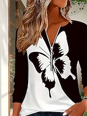 economico Maglietta Animali-Per donna Maglietta Cerniera Stampato Grafico Blocco di colori Farfalla Vintage Elegante Classico Manica Lunga Scollo a V Top Regolari Quotidiano Weekend Bianco e nero Autunno Inverno