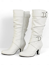 olcso Slouch Boots-női térdig érő csizma csatos pántokkal és enyhe kialakítással, középső sarokkal és sokoldalú stílussal hétköznapi és esti viselethez