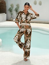 preiswerte Blusen-Damen Weiblich Blumenmuster Lässig Armeegrün Bestickt 3/4 Ärmel Elegant Bohemien Urlaub Hemdkragen Sommer Frühling