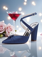 cheap Cocktail-Women&#039;s Blue Satin Block Heel Pumps with Pearl Detail and Ankle Strap - Elegant Pointed Toe Shoes for Formal Occasions and Cocktail Parties