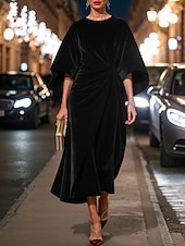 Robe midi en velours pour femmes ajustée et évasée élégante robe de cocktail fête en extérieure invitée de mariage ajustement régulier couleur unie à manches longues col ras du cou noir rouge bleu abordables Robe Simple-Robe midi en velours pour femmes ajustée et évasée élégante robe de cocktail fête en extérieure invitée de mariage ajustement régulier couleur unie à manches longues col ras du cou noir rouge bleu