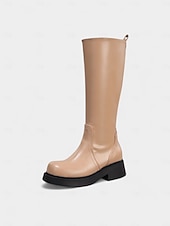 女性用ブラウンニーハイフェイクレザーブーツ - 秋のファッション、学校、アウトドアに最適なモダンスタイルのローヒール乗馬ブーツ お買い得  乗馬ブーツ(じょうばブーツ)-女性用ブラウンニーハイフェイクレザーブーツ - 秋のファッション、学校、アウトドアに最適なモダンスタイルのローヒール乗馬ブーツ