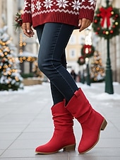 abordables Bottes souples-Bottes mi-mollet souples en faux daim rouge pour femmes avec talon bas et languettes de traction – chaussures d&#039;hiver et de vacances élégantes pour les tenues décontractées et Noël