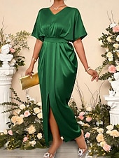 abordables Robe de cocktail-Femmes Robe Longue Maxi Robe Robe de Soirée Robe de Cocktail Robe en Satin Élégant Moderne Soirée Coupe régulière Uni Manche Courte Col en V Noir Jaune Bleu Roi Vert foncé Automne Hiver