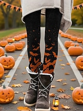 billiga Halloween Bottoms-Dam Byxor Damasker Mysiga leggings Streetwear Ledigt Fullängd Hög midjaPantsHalloween Fladdermus Elastisk midja Mönster Mateial som andas Bekväm Elastisk Semester Gata Dagliga kläder Svart Sommar Vår