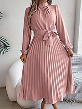 baratos Vestido Simples-Mulheres Vestido midi vestido de cetim Vestido de festa Vestido Coquetel Vestido franzido Elegante Moderno Festa de Noite Festa Encontro Normal Tecido Manga Longa Colarinho Chinês Preto Rosa Vinho