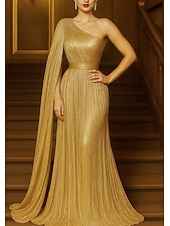 cheap Ball Gown Evening Dresses-A-Line Floor Length Ball Gown with Cape Evening Gown Formal Dress Elegant Short Sleeve One Shoulder Wedding Formal Capes Sequined Lurex Fabric with Glitter Pleats