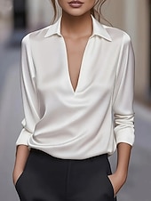 cheap Plain Blouses-Women's Satin Shirt Dress Shirt Blouse Solid Color Elegant Stylish Basic Long Sleeve Turndown V Neck Regular Tops Daily Work Party Blue Black White Wine Green Summer Spring Fall