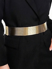 billiga Dambälte-Dambälte i guld, silver och svart - brett metallbälte - elastiskt stretchigt dragsko med tryckknapp, modeaccessoar för klänningar, fester och formella tillfällen