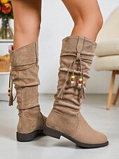 levne Slouch Boots-Dámské khaki kozačky s volným výstřihem a střapcem – ležérní zimní boty ve stylu imitace semiše pro každodenní nošení i na slavnosti