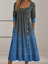 זול שמלת אמנות ועיצוב-בגדי ריקוד נשים שמלת מידי שמלת שיפט יום יומי יומי רגיל גראפי גיאומטרי שרוול ארוך צווארון מרובע אודם פול סגול תלתן סתיו חורף