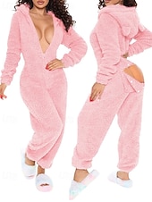 billiga Loungewear till damer-Dam Onesies Ledigt Komfort Comfrt Ren färg Ficka Jul Hem Långärmad Luvtröja Rodnande Rosa Vin Rubinrött Fuchsia Brun Vår Höst Vinter