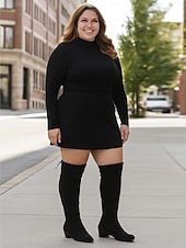 billige Mote støvler-Svarte damestøvletter med ekstra bred passform over kneet, stilige og komfortable støvler for store størrelser, perfekte for avslappet gatestil og høst-/vinterantrekk