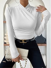 preiswerte Damen Einfache Oberteile-Damen Bluse Einfarbig Stilvoll Lässig Langarm V Ausschnitt Normale Oberteile Täglich Gerafft Schwarz Weiß Aprikose Grau Frühling Herbst Winter
