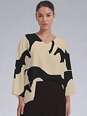 abordables chemises, hauts et chemisiers-chemisier ample à col en V et manches chauve-souris en satin abstrait pour femme