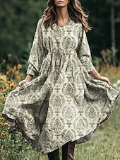 economico Abiti Boho-Pasqua Per donna Abito Midi Abito a trapezio Vacanza Casual Boho Spiaggia Vestibilità comoda Floreale Grafico Paisley Manica Lunga Scollo a V Rosa Blu Viola Verde Primavera Autunno Inverno