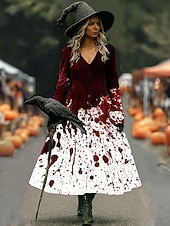 cheap Halloween Dress-Halloween Women&#039;s Midi Dress A Line Dress Vacation Casual Boho Beach Regular Fit Graphic Abstract Long Sleeve V Neck White Dark Red Wine Brown Spring Fall Winter