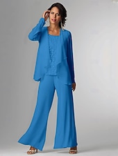 baratos Terninhos de calça da mamãe-Conjunto de calças 3 peças Mãe da noiva Convidada de casamento Formal Elegante Plus Size Envoltório Comprimento do chão Chiffon Sem mangas com Renda