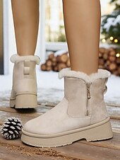 abordables Bottes de neige et d&#039;hiver-Bottes de neige décontractées en similicuir pour femme avec fermeture éclair latérale et bordure en fourrure – chaussures d&#039;hiver confortables et décontractées