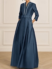 cheap A-Line Evening Dresses-Black A-Line Evening Gown Elegant Formal Dress Formal Wedding Floor Length 3/4 Length Sleeve V Neck Stretch Satin with Crystals 2025