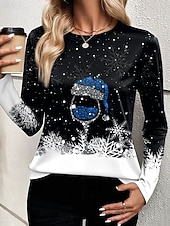 クリスマス 女性用 Tシャツ グラフィック スノーフレーク柄 ワイングラス ファッション カジュアル 長袖 クルーネック ラウンドネック レギュラートップス 日常 週末 プリント ルビーレッド ブルー パープル グリーン 夏 春 秋 冬 お買い得  クリスマストップス-クリスマス 女性用 Tシャツ グラフィック スノーフレーク柄 ワイングラス ファッション カジュアル 長袖 クルーネック ラウンドネック レギュラートップス 日常 週末 プリント ルビーレッド ブルー パープル グリーン 夏 春 秋 冬