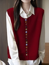 cheap Sweater Vest-Women&#039;s Sweater Sweater Vest Streetwear Casual Solid Color Crew Neck Buttons Knitted Sleeveless Regular Tops Knit Daily Holiday Going out Black Red Fall Winter