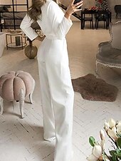 olcso nyaralás jumpsuit-Női Szabályos Jumpsuitek Utcai sikk Tömör szín Hosszú ujj V-alakú Zseb Utca Napi Normál Fekete Fehér Bor Nyár