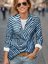 cheap Blazers &amp; Suits-Women&#039;s Blazer Comfortable Breathable Pocket Buttons Print Fashion Casual Geometric Office Street Casual Daily Wear Double Breasted Regular Notch Lapel Regular Fit Long Sleeve Outerwear Blue Purple