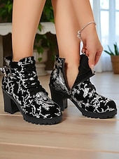 baratos Botas de tornozelo-Botas de cano curto pretas femininas – botas de combate de salto alto e grosso com bordado dourado e detalhe de fivela para festas, saídas à noite e moda streetwear