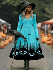 tanie Strój na Halloween-Halloween Damskie Sukienka midi Sukienka A line Urlop Codzienny Ślub Impreza Urodziny Regularny Graficzny Rękaw 3/4 W serek Rumiany róż Niebieski Pomarańczowy Wiosna Jesień