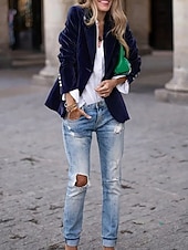 cheap Blazers &amp; Suits-Women's Blazer Comfortable Breathable Pocket Casual Plain Office Street Casual Daily Wear Single Breasted Regular Turndown Regular Fit Long Sleeve Outerwear Navy Black Wine Spring Fall