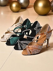 levne Boty na latinskoamerické tance-Dámské saténové boty na latinskoamerické tance s otevřenou špičkou a kamínkovými detaily, elegantní a třpytivý design, ideální na Gatsby párty a taneční plesy