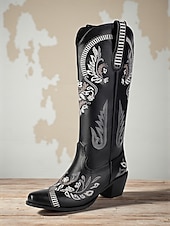 levne Cowboy &amp; Western Boots-Dámské vyšívané kovbojské kozačky do poloviny lýtek s blokovým podpatkem, boty ve westernovém stylu na večírky a festivaly