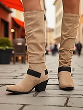 voordelige Slouch-laarzen-Paarse suède knielaarzen voor dames met gespen – western cowboystijl laarzen met blokhak voor herfstmode, Halloween-outfits en outdoor streetwear